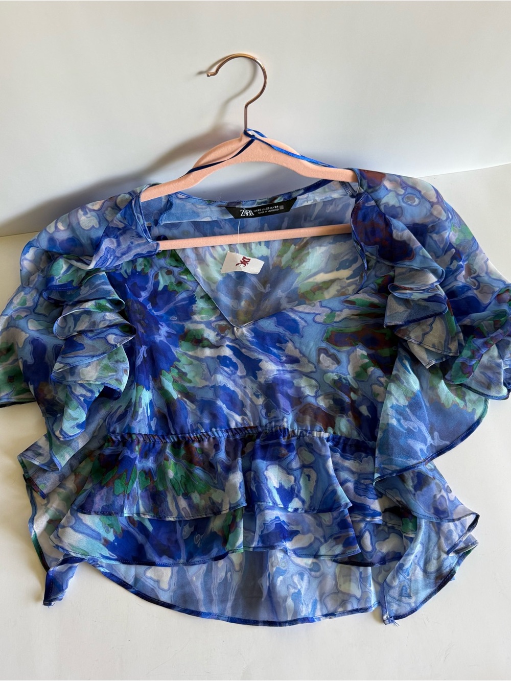 Zara Sheer Blue Teal White Floral Blouse XS NWT - Picture 5 of 16